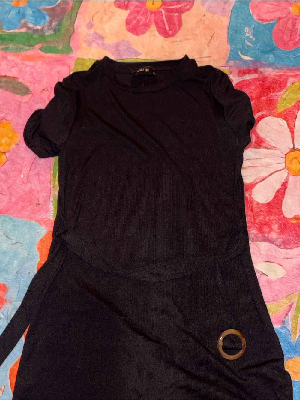 Cider Black Short-Sleeve Belted Midi Dress with Ring Accent